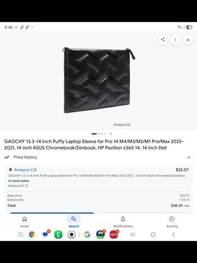 Black Quilted 13.3–14" Puffy Laptop Sleeve
